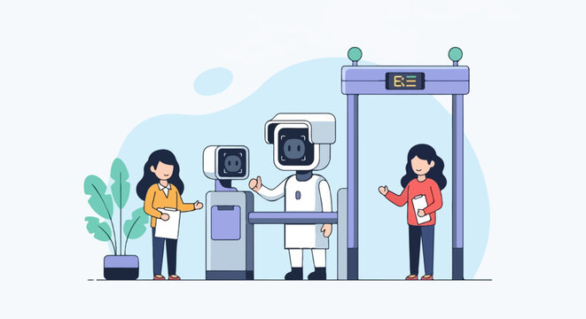 Robots and people at a security checkpoint with a metal detector