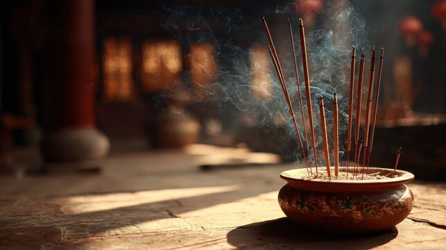 Burning incense sticks releasing calming smoke in temple