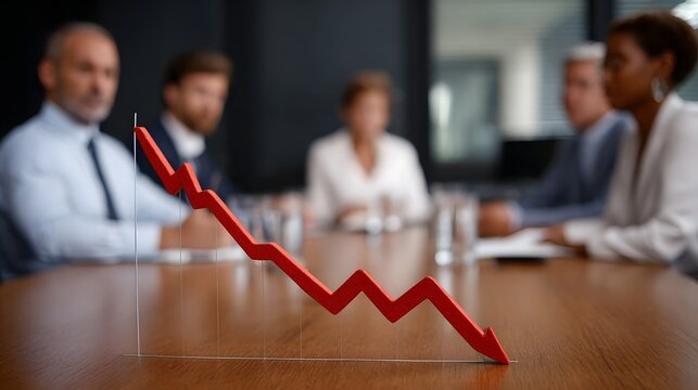 Red downward graph symbolizing financial loss in a business meeting setting