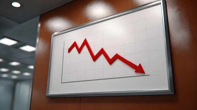 A sharp red arrow indicates a significant decline on a grid lined graph presented on an office wall
