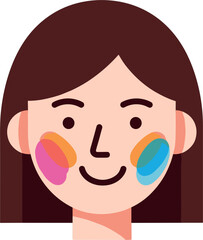 Cartoon woman face with colorful makeup and happy expression isolated on white background