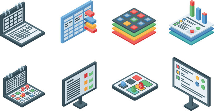Modern isometric business data visualization icon set featuring colorful charts graphs calendars and digital dashboards on white background