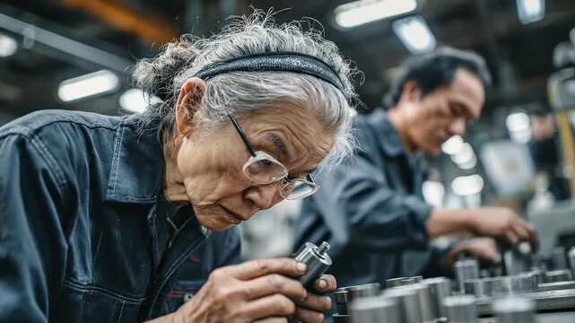 Experienced Asian seniors meticulously inspect parts at a manufacturing facility. Dedicated pensioners ensure quality control. Concentrated focus on detail, skilled craftsmanship. Age is no barrier.
