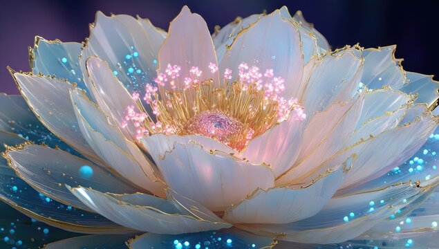 Opalescent blossom, gold trim, sparkling core, ethereal glow