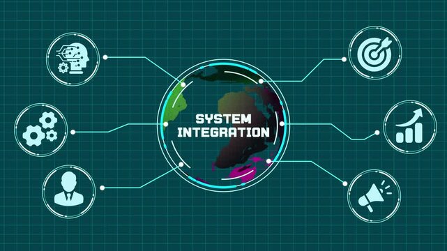 Complex system integration and software development concept with interconnected data modules and icons.