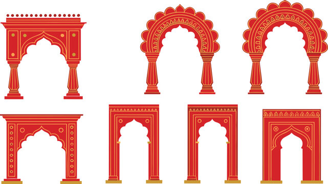 Ornate Red Indian Palace and Mughal Arch Vector Set with Traditional Entrance Designs