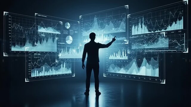 Man Analyzes Data on Multiple Screens.