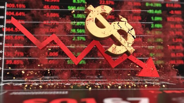 A golden dollar sign breaks amidst red smoke and data, with a downward trending arrow