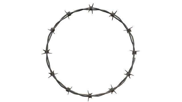 Circular barbed wire frame on white background, round metal border symbolizing restriction, prison fence, danger zone, protection and closed limits

