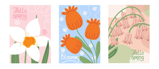 Set of spring greeting cards with flowers. Hello Spring and Blooming lettering. For seasonal decor, floral posters, and holiday stationery. Vector illustration