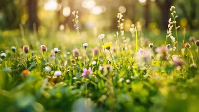 Colorful Easter eggs hidden in green grass with flowers, symbolizing spring holiday tradition and natures awakening