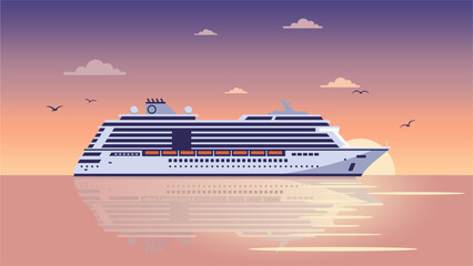 Obraz premium Luxury Cruise Ship Sailing at Sunset, Flat Vector Illustration