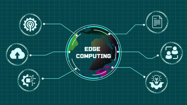 Edge computing network concept with localized data processing and distributed cloud icons.