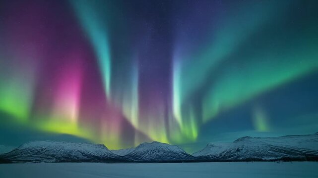 Vibrant green and purple aurora borealis lights dance across a dark night sky.