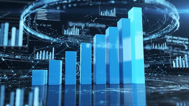Abstract blue bar chart illustrating growth, data, and analysis with digital graphics