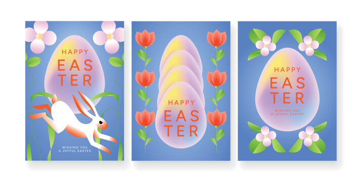 Set of Happy Easter greeting posters with bunny rabbit, egg shapes and spring flowers on blue background. Floral holiday card collection. Flat vector illustration for poster, greeting card, promo, sal