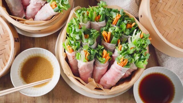 蒸籠に盛った豚ロースの肉巻き野菜蒸し