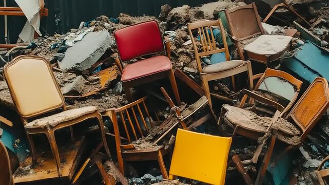 Pile of discarded chairs in a landfill site.