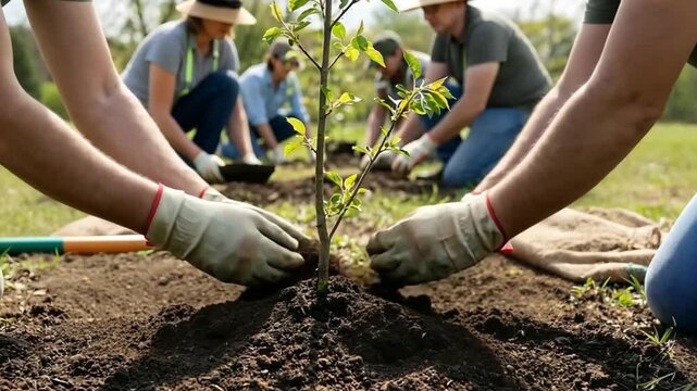 Group of people with gloves planting small tree in dirt. Tree planting event for environmental conservation and community gardening.