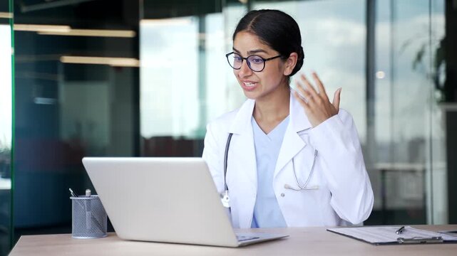 Young female doctor in white coat and glasses talking on video call using laptop in modern hospital clinic. Medical professional conducting remote consultation with patient at her office desk.