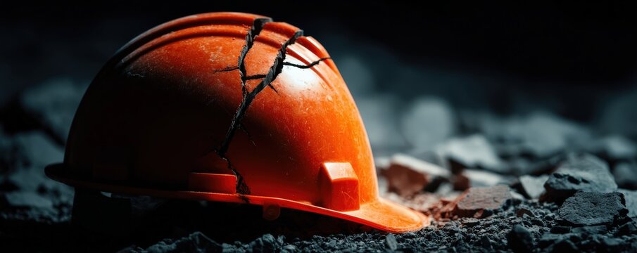 A cracked orange hard hat rests on rubble, symbolizing safety concerns in construction or mining environments.