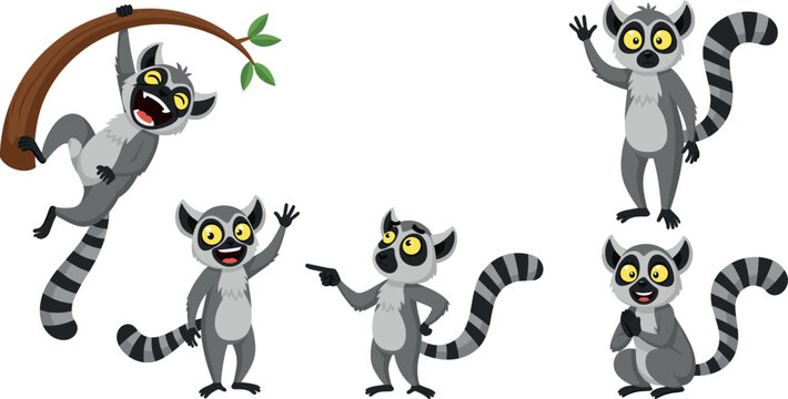 Set of cute cartoon lemur vector illustrations in hanging, waving and pointing poses