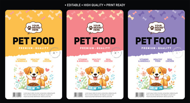 Pet food packaging template label and packaging design, dog and cat fresh food pouch label packaging design, editable vector file high qality print ready labels set