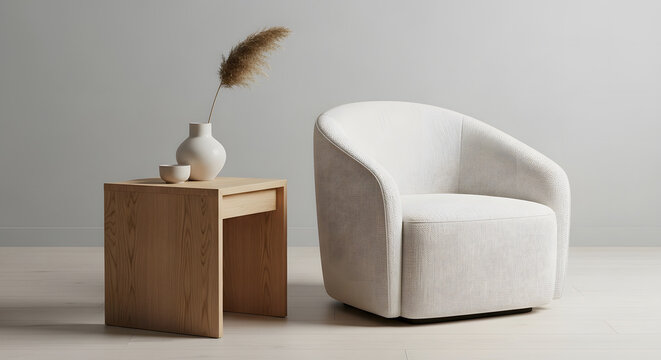 Clean and simple living room scene with modern chair and wooden table featuring a vase and a decorative item