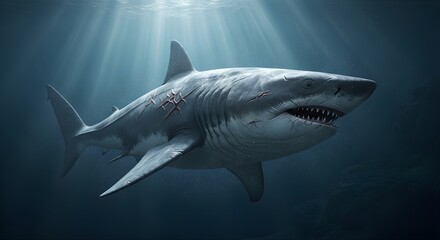 Obraz premium Majestic Great White Shark with Scars Swims in Deep Blue Ocean Water with Sun Rays