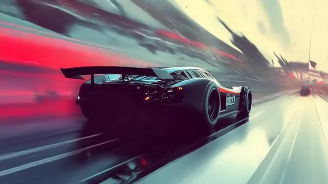 Racing Car Speeding Down Track Fast.