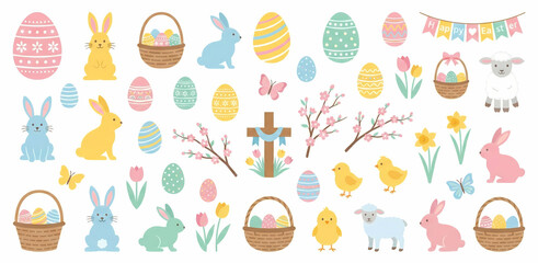 Easter Holiday Icons Collection with Bunnies Eggs and Spring Elements 