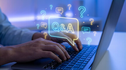 Person typing on laptop with Q&A symbols and glowing neon text