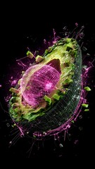 Futuristic sliced avocado with glowing pink holographic core, digital pixel dispersion effect on black background, high-tech organic food concept, surreal 3D illustration.