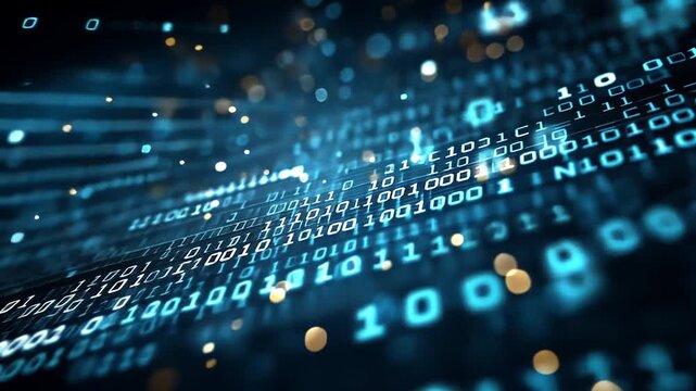 Digital data stream flowing through a dark blue cyber environment, illustrating technology and binary code, viewed from an angled perspective.