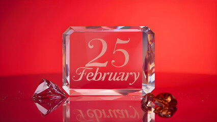Crystal calendar block for february 25th on red background
