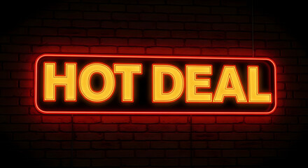 Ligh effect Red neon sign with yellow letters spelling HOTDEAL on a brick wall background hot deal
