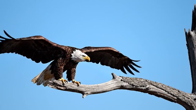 Majestic eagle landing on a weathered tree branch in slow motion