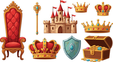 Royal fantasy vector set with golden crowns, castle, throne, treasure chest and medieval shield illustrations © tofajjol studio