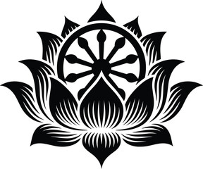 Sacred Lotus Flower Symbol with Dharmachakra Dharma Wheel in the Center Spiritual Zen and Buddhist Religious Emblem Vector Illustration Isolated on White Background