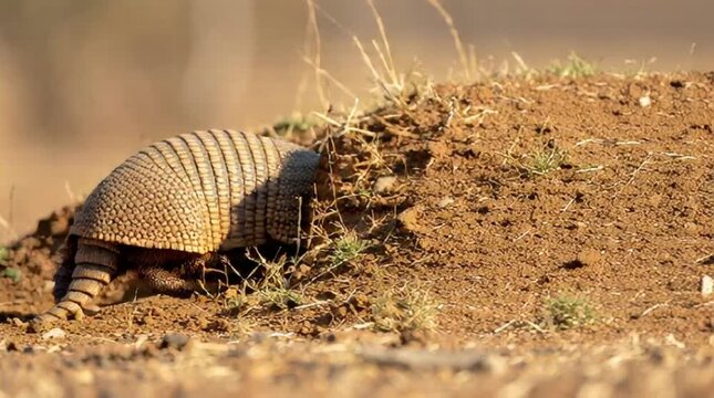 Side View of a Nine-Banded Armadillo Foraging for Insects Near an Earthen Mound in Dry Grassland