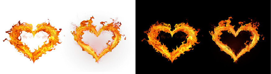 Fototapeta premium PNG image of two distinct, vibrant hearts intricately outlined by intense, glowing orange and yellow fire flames on transparent background