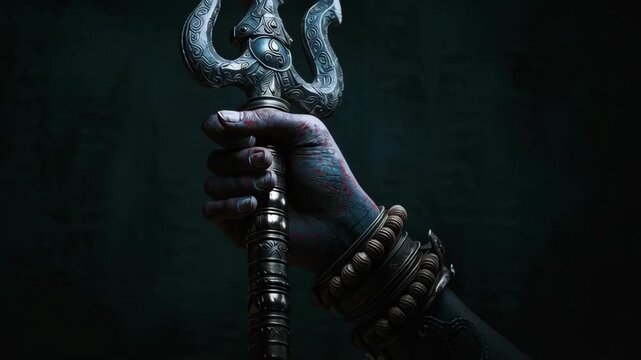 Artistic depiction of a person holding a trident trishul with intricate designs, dark background, evoking spiritual and mythological themes related to Lord Shiva and Mahashivaratri