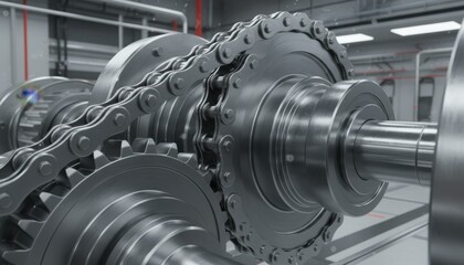 Fototapeta premium Close up view of complex metal gears and heavy duty chains rotating inside clean industrial machinery manufacturing plant