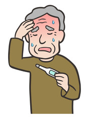 体温計を持ち、発熱している高齢者の男性