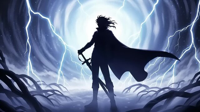 Silhouette Warrior Standing Against Stormy Sky.