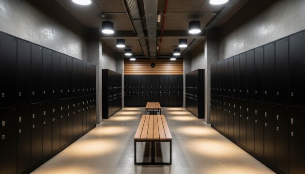 Symmetrical view of modern locker room interior featuring black metal lockers wooden benches and bright overhead industrial lights