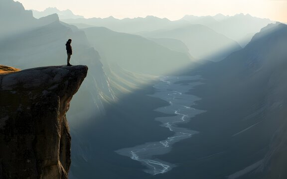 A man stands on the edge of a cliff overlooking a vast mountain landscape