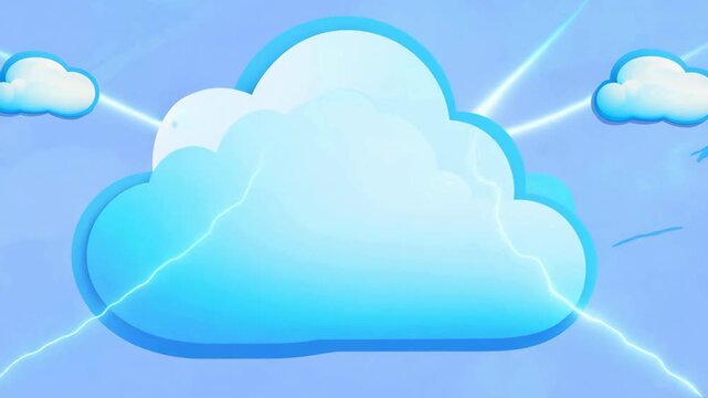 Stylized 2D animation of a blue cloud with glowing electric lightning strikes and sunbeams behind it.