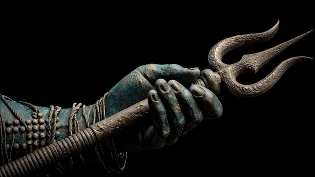 Close-up of a traditional Trishul trident held by Shiva's decorated hand, symbolizing divine power and spiritual significance in Hindu culture, on a black background