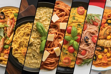 A variety of delicious pasta dishes with different ingredients and toppings